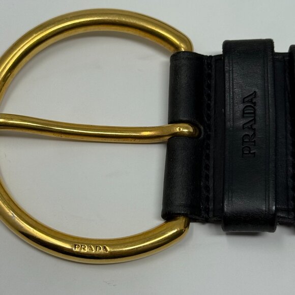 Prada Gold O Ring Black Leather Wide Waist Belt Size 36/90 Made in Italy - Picture 3 of 9